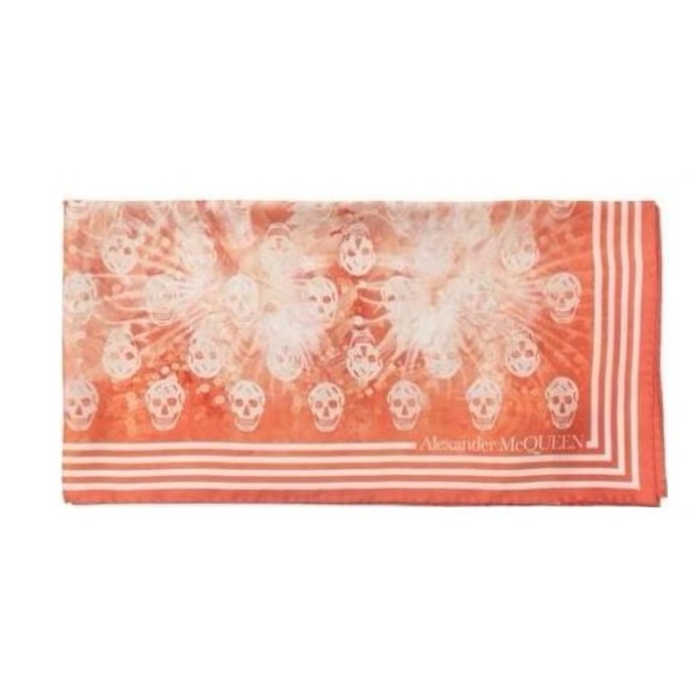 Alexander McQueen Anemone Biker Coral Orange Skull Print Silk Scarf NWT! $288